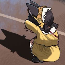 1girl aged_down animal_ear_fluff animal_ears black_hair black_shoes cat_shadow_puppet_(meme) chroong crossed_arms double_v fox_ears fox_girl from_behind highres hoshimi_miyabi shirt shoes short_twintails skirt solo squatting twintails v yellow_shirt yellow_skirt zenless_zone_zero