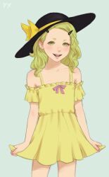 1girl :d alternate_costume alternate_hairstyle arms_at_sides bare_arms bare_shoulders blush bow braces collarbone cowboy_shot dress flat_chest frills green_eyes green_hair grey_background hair_behind_ear hair_ornament hairpin happy hat highres komeiji_koishi long_hair looking_at_viewer nail_polish off-shoulder_dress off_shoulder open_mouth purple_bow short_sleeves simple_background smile solo touhou wavy_hair yellow_dress yyf_(seaknight)