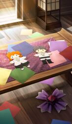 andon chaldea_uniform commentary day fate/grand_order fate_(series) fujimaru_ritsuka_(female) fujimaru_ritsuka_(male) indoors lasengle light_particles light_rays no_humans object_focus official_art origami paper scenery still_life sunbeam sunlight table third-party_source