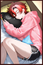 1boy absurdres ahoge alternate_costume bed black_shorts closed_eyes closed_mouth dolphin_shorts euseiwhat highres holostars holostars_english hood hoodie long_sleeves lying machina_x_flayon machiroon_(machina_x_flayon) male_focus on_side parted_lips pillow pink_hoodie red_hair short_hair shorts sleeping solo stuffed_toy thighs virtual_youtuber