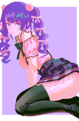 Rule 34 | 1girl, alternate costume, alternate hairstyle, ass, bakemonogatari, black skirt, black thighhighs, blue eyes, border, breasts, closed mouth, highres, looking at viewer, monogatari (series), multi-tied hair, outside border, pink lips, plaid clothes, plaid skirt, purple background, purple hair, rapa rachi, senjougahara hitagi, skirt, solo, thighhighs, twintails, watermark, white border