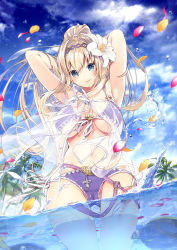 1girl 218 animal arms_behind_head arms_up bare_shoulders bikini blonde_hair blue_eyes blue_sky breasts cameltoe closed_eyes closed_mouth cloud cloudy_sky collarbone commentary_request cowboy_shot day dutch_angle female_focus flower granblue_fantasy hair_between_eyes hair_flower hair_intakes hair_ornament high_ponytail jeanne_d&#039;arc_(granblue_fantasy) jeanne_d&#039;arc_(summer)_(granblue_fantasy) large_breasts long_hair looking_at_viewer outdoors palm_tree partially_submerged partially_underwater_shot petals ponytail purple_bikini ribbon see-through_clothes sky smile solo swimsuit tree turtle underwater very_long_hair wading water white_flower white_ribbon