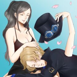 1boy 1girl black_coat black_dress black_hat blue_background breasts cleavage closed_eyes coat devil_fruit_power dress extra_arms eyewear_on_headwear goggles hana_hana_no_mi hat holding holding_unworn_clothes holding_unworn_hat lap_pillow nico_robin nico_robin_(dressrosa) one_piece open_mouth petals pink_petals ponytail sabo_(one_piece) scar scar_on_face simple_background smile swept_bangs unworn_hat unworn_headwear yuri_kohi