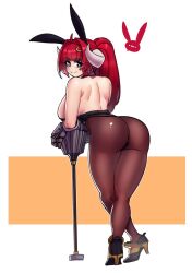 Rule 34 | 1girl, ahoge, ass, backless leotard, blue eyes, breasts, full body, gauntlets, gintm, hair intakes, high heels, highres, horns, large breasts, leotard, long hair, looking at viewer, looking back, mace, original, pantyhose, playboy bunny, ponytail, rabbit, red hair, smile, solo, standing, weapon