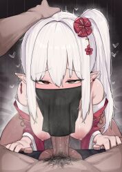 1boy 1girl absurdres breasts detached_sleeves erection fellatio fellatio_under_mask h.pn hair_between_eyes hair_ornament hand_on_another&#039;s_head heart hetero highres large_breasts long_hair male_pubic_hair mouth_veil nipples oral original penis pointy_ears pov pubic_hair side_ponytail solo_focus testicles uncensored veil white_hair yellow_eyes