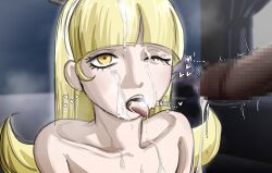 1boy 1girl absurdres aged_down alice_(megami_tensei) atlus blonde_hair breasts cum cum_in_mouth cum_on_body cum_on_breasts cum_on_hair cum_on_tongue cum_on_upper_body dripping drooling facial highres hime_cut loli long_hair looking_at_viewer majinbel mouth_drool nude one_eye_closed open_mouth shin_megami_tensei waiting_for_cum yellow_eyes