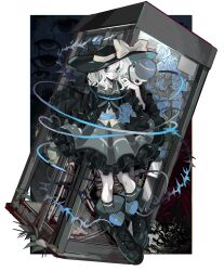 1girl absurdres ankle_boots asagina_gi black_background black_boots black_socks blue_flower blue_rose boots border bow commentary_request extra_eyes flower frilled_sleeves frills green_eyes green_hat green_sailor_collar hat hat_bow highres koishi_day komeiji_koishi long_sleeves looking_at_viewer mute phone_booth rose sailor_collar short_hair smile socks solo third_eye thorns touhou vest white_border white_hair yellow_bow yellow_vest