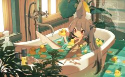 Rule 34 | 1girl, absurdres, animal ear fluff, animal ears, bathing, blush, braid, brown hair, closed mouth, commentary, expressionless, faucet, food, fruit, highres, indoors, lemon, lemon slice, light particles, long hair, nude, original, ozureiji, plant, rabbit ears, red eyes, rubber duck, solo, symbol-only commentary, tsurime, twintails, watermark, window
