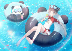 1girl black_hair blue_eyes chinese_clothes cup double_bun drinking_glass drinking_straw ear_piercing eyewear_on_head hair_bun highres holding holding_cup innertube necojishi ocean original panda piercing solo sunglasses swim_ring swimsuit