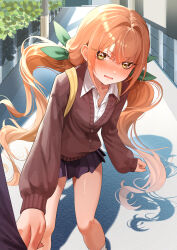 1girl absurdres blonde_hair blush cardigan commentary green_ribbon hair_between_eyes hair_ornament hair_ribbon highres inda_karane kimi_no_koto_ga_dai_dai_dai_dai_daisuki_na_100-nin_no_kanojo long_hair long_sleeves looking_at_viewer ohananomitsu_high_school_uniform open_mouth perapera_o2 ribbon school_uniform shirt skirt twintails yellow_eyes