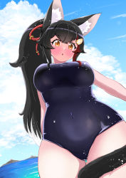 1girl :o animal_ear_fluff animal_ears black_hair blue_one-piece_swimsuit blush breasts covered_navel curvy dutch_angle hair_ornament hairclip highres hololive impossible_clothes impossible_swimsuit kani_bonara large_breasts long_hair looking_at_viewer multicolored_hair one-piece_swimsuit ookami_mio parted_lips ponytail red_hair skin_tight skindentation solo streaked_hair swimsuit tail tail_around_own_leg tail_wrap very_long_hair virtual_youtuber wide_hips wolf_ears wolf_girl wolf_tail yellow_eyes