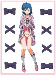 Rule 34 | 1girl, asymmetrical bangs, black choker, blue hair, blush, bow, bow panties, choker, clothes lift, commentary, crotch seam, dress, dress lift, frilled dress, frilled socks, frills, full body, highres, idolmaster, idolmaster million live!, lace, lace-trimmed panties, lace trim, lielos, lifting own clothes, long sleeves, looking at viewer, medium dress, nanao yuriko, open mouth, panties, pink shoes, shoes, short hair, smile, socks, solo, standing, underwear, white panties, white socks, yellow eyes