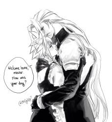 19nighty7 2boys alternate_costume apron braid cloud_strife commentary crossdressing dress english_commentary english_text enmaided final_fantasy final_fantasy_vii frilled_apron frills greyscale highres holding hug long_hair long_sleeves looking_at_another maid male_focus male_maid monochrome multiple_boys sephiroth short_hair speech_bubble spiked_hair twin_braids white_background yaoi