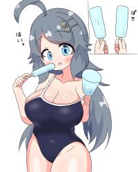 1girl absurdres ahoge black_hair blue_eyes blush breasts cleavage collarbone covered_navel food grey_hair hair_ornament hairclip highres holding holding_food ice_cream inohara_koboshi large_breasts long_hair napier_ngen one-piece_swimsuit ongeki popsicle school_swimsuit solo swimsuit white_background