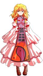 Rule 34 | 1girl, alphes (style), blonde hair, blush, boots, bow, breasts, brown boots, closed mouth, commentary request, dairi, dress, flame print, full body, hair bow, large variant set, long sleeves, looking at viewer, medium breasts, multiple hair bows, parody, purple tabard, red bow, sleeves past wrists, smile, solo, style parody, tabard, tachi-e, touhou, transparent background, variant set, white dress, white sleeves, wide sleeves, yakumo yukari, yellow eyes, yin yang