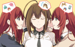 Rule 34 | alstroemeria (idolmaster), brown eyes, brown hair, closed eyes, controller, game controller, idolmaster, idolmaster shiny colors, kuwayama chiyuki, long hair, multiple girls, osaki amana, osaki tenka, red hair, school uniform, shirt, smile, usugiri bacon