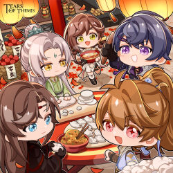 +_+ 1girl 4boys :d artem_wing_(tears_of_themis) basket black_boots black_gloves black_hair black_jacket black_shorts blue_eyes boots bowl brown_hair chibi closed_mouth commentary cutting_board english_commentary fang food food_request gloves grey_hair hair_between_eyes holding holding_bowl jacket lantern long_sleeves luke_pearce_(tears_of_themis) marius_von_hagen_(tears_of_themis) multiple_boys official_art open_mouth paper_lantern parted_bangs petals pink_eyes ponytail puffy_long_sleeves puffy_sleeves purple_eyes rosa_(tears_of_themis) shorts smile tears_of_themis thighhighs thighhighs_under_boots v-shaped_eyebrows vyn_richter_(tears_of_themis) white_thighhighs wide_sleeves yellow_eyes