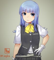 1girl absurdres artist_logo belt black_skirt black_vest blue_eyes blue_hair blunt_bangs bow bowtie collared_shirt dated dress_shirt gloves gradient_background grey_background hand_on_own_hip hatsukaze_(kancolle) highres kantai_collection logo long_hair looking_at_viewer pleated_skirt school_uniform shirt skirt solo upper_body vest white_gloves white_shirt yellow_bow yellow_bowtie yuushou