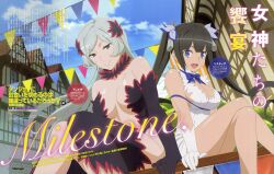 2girls absurdres black_hair blue_eyes breasts center_opening cleavage collarbone dungeon_ni_deai_wo_motomeru_no_wa_machigatteiru_darou_ka elbow_gloves freya_(danmachi) gloves grey_hair hair_ornament hestia_(danmachi) highres large_breasts long_hair looking_at_viewer multiple_girls official_art purple_eyes revealing_clothes sideboob smile twintails