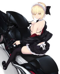 1girl artoria_pendragon_alter_(swimsuit_rider)_(fate) artoria_pendragon_alter_(swimsuit_rider)_(second_ascension)_(fate) artoria_pendragon_(fate) bare_shoulders bikini black_bikini black_jacket black_ribbon black_skirt black_thighhighs blonde_hair blush braid breasts cait_aron choker fate/grand_order fate_(series) french_braid frilled_choker frills hair_bun hair_ribbon hood hooded_jacket jacket long_hair long_sleeves looking_at_viewer looking_back maid maid_bikini maid_headdress medium_breasts motor_vehicle motorcycle off_shoulder open_clothes open_jacket ribbon sidelocks sitting skirt solo swimsuit thighhighs unconventional_maid yellow_eyes