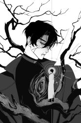 2boys bare_tree benkdjjituibot black_coat black_shirt branch coat curtained_hair double-parted_bangs greyscale hair_between_eyes halo halo_behind_head hands_in_pockets highres kim_dokja looking_at_another mini_person miniboy monochrome multiple_boys multiple_scars omniscient_reader&#039;s_viewpoint scar scar_on_face scar_on_mouth secretive_plotter shirt size_difference standing sun_behind_head tree white_background white_coat