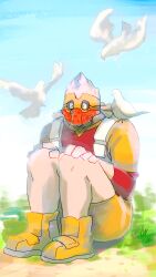 1boy bird blue_sky boku_no_hero_academia boots closed_eyes dated day dokidonichi grass highres koda_koji male_focus mask outdoors sitting sky solo yellow_boots
