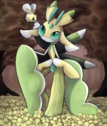 1girl alternate_color antennae arthropod_girl arthropod_limbs black_eyes bug colored_skin cutiefly field flower flower_field flying full_body furry furry_female game_freak gen_7_pokemon green_eyes green_skin looking_at_another lurantis mantis_girl nintendo no_mouth outdoors pokemon pokemon_(creature) praying_mantis shiny_pokemon solo_focus standing white_skin yellow_flower ziryuu