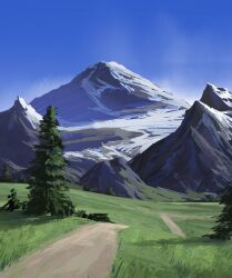 blue_sky christian_young clear_sky day highres landscape mountain mountainous_horizon no_humans original outdoors painterly path procreate_(medium) road scenery sky snow tree