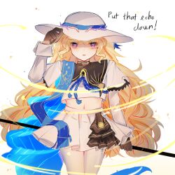 1girl absurdres adjusting_clothes adjusting_headwear black_collar black_gloves blonde_hair blue_sash collar commentary cowboy_shot english_commentary english_text gloves hand_up hat highres holding holding_staff long_hair long_sleeves looking_at_viewer midriff mikori navel pantyhose partially_shaded_face phoebe_(wuthering_waves) purple_eyes sash shirt simple_background skirt solo staff tacet_mark_(wuthering_waves) very_long_hair white_background white_hat white_pantyhose white_shirt white_skirt wuthering_waves