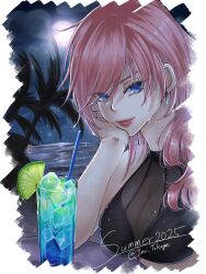 Rule 34 | 1girl, 2025, bare shoulders, beach, bikini, black bikini, blue eyes, breasts, closed mouth, commentary request, cuts, drink, drinking straw, earrings, elbow rest, final fantasy, final fantasy xiii, food, fruit, full moon, hair over shoulder, highres, ice, ice cube, injury, inu tokage, jewelry, lemon, lemon slice, lightning farron, lips, long hair, looking at viewer, medium breasts, moon, night, night sky, ocean, palm tree, pink hair, see-through clothes, see-through shirt, shirt, single earring, sky, solo, summer, swimsuit, tree, twitter username, upper body