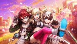 1girl 2boys :d aqua_eyes arm_around_neck bag bare_shoulders baseball_bat black_hair black_jacket black_skirt blonde_hair blue_eyes breasts crop_top fangs highres holding holding_bag holding_baseball_bat hood hoodie iroha_tsuki jacket kuronaka_yo long_hair looking_at_another looking_at_viewer medium_breasts midriff motion_blur multicolored_hair multiple_boys non-web_source official_art one_eye_closed open_mouth pink_thighhighs red_hair short_hair skirt sleeveless smile spiked_hair sweatdrop thighhighs tribe_nine two-tone_hair two_side_up white_hair white_hoodie yakumo_sui