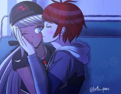 1boy 1girl black_shirt blonde_hair blue_eyes blush closed_mouth collarbone dark-skinned_female dark_skin eyelashes fingernails hetero jewelry kawana_tsubasa kiss kris_pawz long_hair long_sleeves necklace night open_mouth red_hair shirt signature sumino_takumi the_hundred_line_-last_defense_academy- twitter_username upper_body