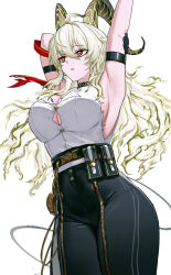 1girl arm_strap arm_up armpits black_choker black_horns black_pants black_tail breasts button_gap choker commentary cowboy_shot curled_horns hair_between_eyes hashtag-only_commentary high-waist_pants highres horns large_breasts mole mole_under_eye pants parted_lips red_eyes revision shirt shirt_tucked_in simple_background skrillex_li solo tight_clothes tight_pants torn_clothes torn_shirt twitter_username white_background white_shirt wuthering_waves zani_(wuthering_waves)