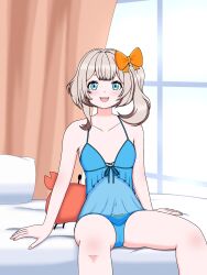1girl babydoll bed_sheet belly blue_eyes blue_panties blush blush_stickers bow breasts commission crab crotch_seam curtains flat_chest highres indoors marimari_(vtuber) navel on_bed open_mouth panties phase_connect pillow ribbon sitting small_breasts solo underwear virtual_youtuber