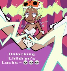 Rule 34 | 1girl, ahegao, boots, braid, choker, colored eyelashes, dark-skinned female, dark skin, elbow pads, eyewear on head, female orgasm, gloves, gradient hair, green hair, gunsmith bitch (psg), highres, leotard, masturbation, multicolored hair, object insertion, orgasm, panty &amp; stocking with garterbelt, tongue, tongue out, twin braids, user axvr4374, weapon, white eyelashes, white leotard