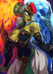 1girl breasts brown_hair colored_skin cowboy_shot detached_collar detached_sleeves eyeshadow fiery_hair gerudo green_skin grey_hair hair_pulled_back harem_pants highres ice jewelry koi_drake lips long_hair long_nose makeup nintendo pants photoshop_(medium) pointy_nose sidelocks sleeveless smile solo standing the_legend_of_zelda the_legend_of_zelda:_ocarina_of_time twinrova twintails