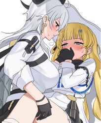 2girls absurdres aiguillette between_legs black_gloves blonde_hair blue_eyes blush breasts clothes_pull commentary covering_own_mouth dress earrings gloves grey_hair hair_ornament hand_on_another&#039;s_thigh hashtag-only_commentary hat highres jewelry key_earrings large_breasts lhuwrya4ei45234 long_hair long_sleeves looking_at_another mole mole_under_eye multiple_girls pantyhose pantyhose_pull parted_lips phoebe_(wuthering_waves) red_eyes shirt simple_background white_background white_dress white_hat white_shirt wuthering_waves yuri zani_(wuthering_waves)