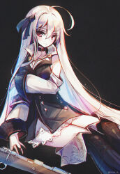 1girl black_background black_boots boots cross cross_necklace girls&#039;_frontline gun highres jewelry kar98k_(girls&#039;_frontline) long_hair long_sleeves necklace rifle snow_is solo standing weapon white_hair