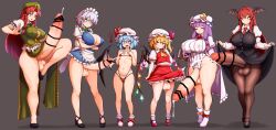 1girl 5futa :o absurdres apron ascot bat_wings beret bikini black_shoes black_skirt black_vest blonde_hair blue_eyes blue_hair blush book boots bow bowtie braid breasts bright_pupils cameltoe cape capelet censored cleavage closed_eyes clothes_lift collarbone covered_erect_nipples covered_navel crescent crescent_hat_ornament crossed_arms crystal crystal_wings cum demon_wings erection fighting_stance flandre_scarlet footwear_ribbon frilled_skirt frilled_socks frills futanari gluteal_fold green_bow green_bowtie green_vest grey_hair hands_on_own_chest hat hat_ornament hat_ribbon head_wings high_heel_boots high_heels highres hong_meiling huge_breasts huge_penis huge_testicles izayoi_sakuya koakuma large_breasts large_penis large_testicles leotard long_hair long_sleeves looking_at_viewer looking_down looking_to_the_side maid maid_apron maid_headdress mary_janes micro_bikini midriff miniskirt mob_cap multicolored_wings multiple_futa navel necktie one_side_up open_mouth pantyhose parted_bangs patchouli_knowledge pelvic_curtain penis penis_in_pantyhose peso_(cheese_company) pink_hat pink_shoes pointing pointing_at_self pointy_ears puffy_short_sleeves puffy_sleeves purple_eyes purple_hair red_bikini red_bow red_bowtie red_eyes red_hair red_nails red_ribbon red_skirt red_vest remilia_scarlet ribbon shirt shoes short_hair short_sleeves side_ponytail sidelocks skirt skirt_lift skirt_set small_breasts smile socks star_(symbol) striped_clothes striped_leotard swimsuit testicles thick_thighs thighs touhou twin_braids v-shaped_eyebrows vertical-striped_clothes vertical-striped_leotard vest waist_apron white_boots white_hat white_pupils white_socks wings wrist_cuffs yellow_ascot