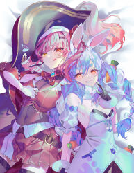 2girls animal_ear_fluff animal_ears arm_cuffs ascot bicorne black_gloves black_thighhighs braid breasts brown_leotard carrot carrot_hair_ornament cleavage coat coat_dress crossed_bangs dress emoillu food-themed_hair_ornament fur-trimmed_gloves fur_scarf fur_trim gloves gold_trim hair_ornament hat heterochromia highres hikimayu hololive houshou_marine houshou_marine_(1st_costume) jacket jewelry leather_belt leggings leotard leotard_under_clothes licking_lips looking_at_viewer medium_breasts multiple_girls no_eyepatch open_clothes open_coat pirate pirate_costume pirate_hat pleated_skirt rabbit_ears rabbit_girl red_ascot red_eyes red_hair red_jacket red_skirt see-through_cleavage see-through_clothes see-through_leotard short_eyebrows sidelocks simple_background skirt sleeveless sleeveless_jacket small_breasts smile thick_eyebrows thighhighs tongue tongue_out twin_braids usada_pekora usada_pekora_(1st_costume) virtual_youtuber white_background white_gloves yellow_eyes