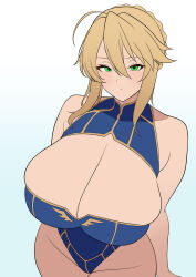 1girl absurdres ahoge arms_behind_back artoria_pendragon_(fate) artoria_pendragon_(lancer)_(fate) bare_shoulders blonde_hair blue_leotard braid braided_bun breasts cleavage cleavage_cutout closed_mouth clothing_cutout collarbone covered_collarbone fate/grand_order fate_(series) green_eyes hair_bun heattech_leotard highleg highleg_leotard highres huge_breasts kibagon_(shirotsume) leotard long_bangs looking_at_viewer sleeveless sleeveless_turtleneck sleeveless_turtleneck_leotard solo standing thick_thighs thighs turtleneck white_background wide_hips