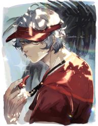 Rule 34 | 1boy, absurdres, ahoge, arknights, artist name, bishounen, grey eyes, grey hair, hat, highres, jaye (arknights), jaye (beach guard) (arknights), lifeguard, looking at viewer, male focus, red shirt, shirt, short hair, sleepy, upper body, visor cap, watermark, whistle, wolfhon abz
