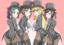 4girls absurdres akimoto_katherine_reiko ass black_eyes black_hair black_suit black_thighhighs blonde_hair breasts character_request cosplay fishnet_pantyhose fishnets formal_clothes giboshi_matoi grey_eyes hair_ribbon hat hatsune_miku hatsune_miku_(magician) hatsune_miku_(magician)_(cosplay) highres isowashi_haya kochikame large_breasts long_hair looking_at_viewer looking_back medium_hair multiple_girls pantyhose pink_background ribbon shamrock_heart smile suit tailcoat thighhighs top_hat vocaloid yellow_eyes