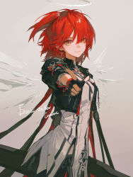 angel angel_wings arknights black_gloves black_jacket cross cross_earrings detached_wings dress earrings energy_wings exusiai_(arknights) exusiai_the_new_covenant_(arknights) fingerless_gloves gloves halo hand_up high_side_ponytail highres huanxiang_heitu jacket jewelry light_smile looking_at_viewer red_hair short_hair sleeves_rolled_up traditional_halo white_dress white_halo wings yellow_eyes