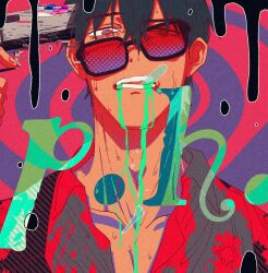 1boy black_hair blood blood_on_clothes collarbone collared_shirt grey_shirt gun_to_head hand_up highres jacket looking_at_viewer male_focus mouth_hold nicholas_d._wolfwood open_mouth p.h._(vocaloid) portrait purple_background red_eyes shirt solo song_name sota_cat sunglasses teeth_hold trigun trigun_stampede uneven_eyes vial