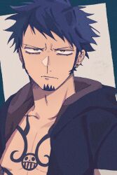 Rule 34 | 1boy, bare pectorals, black hair, black shirt, chest tattoo, closed mouth, collarbone, commentary, dekaidaikon, earrings, facial hair, film grain, frown, goatee, highres, hood, hood down, hooded shirt, jewelry, male focus, multiple earrings, one piece, open clothes, open shirt, pectorals, piercing, shirt, short hair, short sleeves, sideburns, solo, tattoo, trafalgar law, upper body, yellow eyes