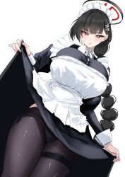 1girl absurdres apron black_dress black_hair black_pantyhose blue_archive blush braid braided_ponytail breasts dress hair_ornament hairclip halo highres kasumi_saika large_breasts long_hair long_sleeves looking_at_viewer pantyhose parted_lips red_eyes rio_(blue_archive) solo thighband_pantyhose thighs very_long_hair white_apron