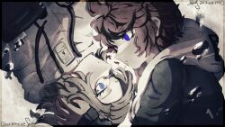 2boys aotsuki_eito blue_eyes border commentary derivative_work english_commentary glasses glaz1anciiejmg grey_hair grey_jacket highres hood hoodie jacket looking_at_another male_focus multiple_boys nisoku_hokou_(vocaloid) parted_lips red_hair ringed_eyes rotational_symmetry sepia short_hair sumino_takumi the_hundred_line_-last_defense_academy- transparent_border white_hoodie white_jacket