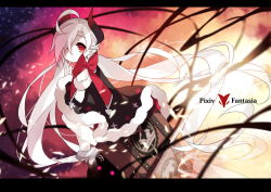 1girl copyright_name demon_girl female_focus gradient_background horns letterboxed long_hair looking_at_viewer monster pixiv_fantasia pixiv_fantasia_t pointy_ears red_eyes red_rulu_(saru) rulu_(saru) saru solo very_long_hair white_hair
