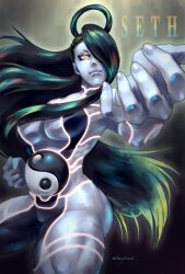Rule 34 | 1girl, android, angie (kani-ga-tobuna), ass, black hair, breasts, colored skin, female seth (street fighter), grey skin, hair rings, large breasts, long hair, looking at viewer, metal skin, muscular, muscular female, outstretched hand, single hair ring, street fighter, street fighter v, underboob, yellow eyes, yin yang